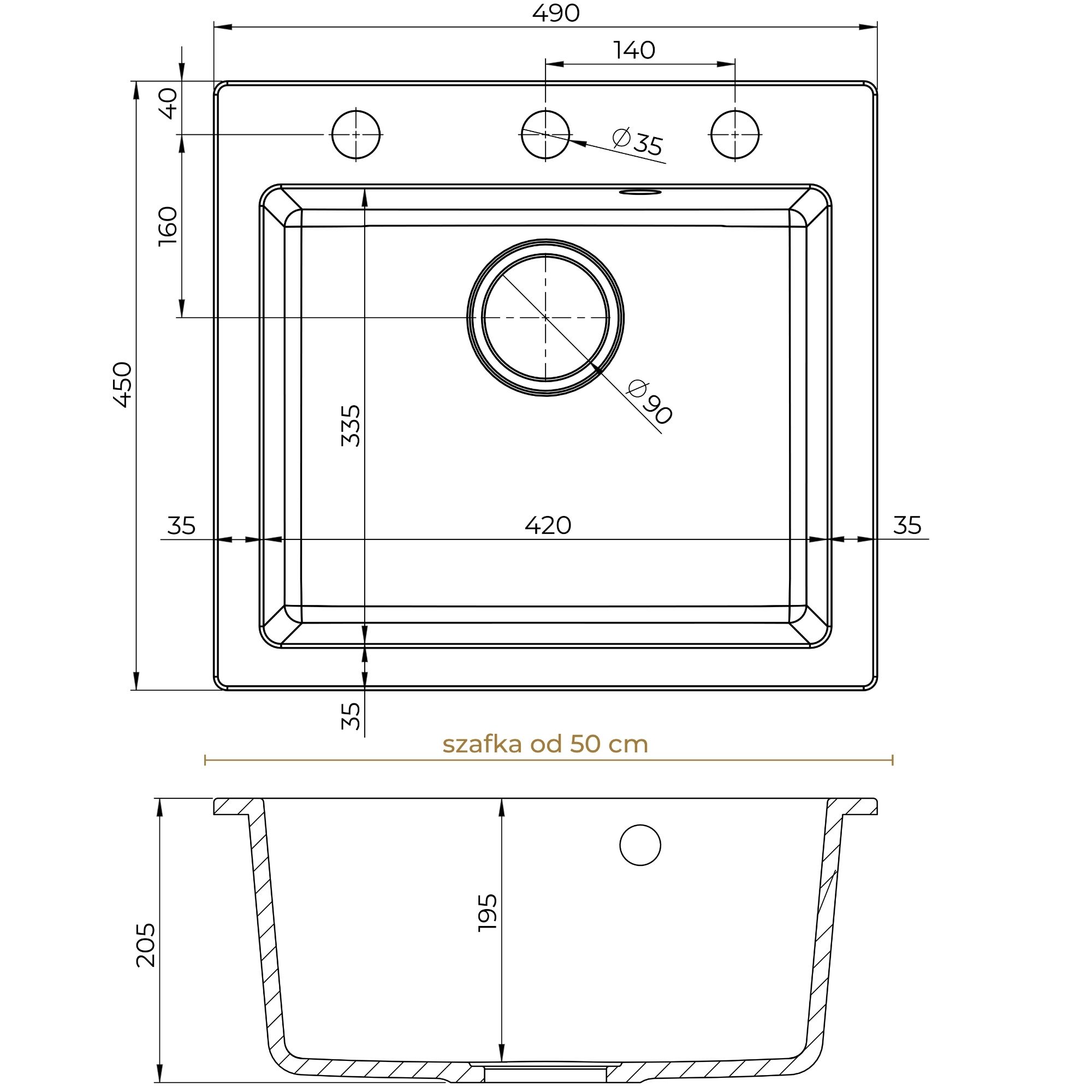 Rysunek techniczny zlewu granitowego FERRUM 1K50